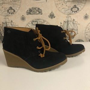 NWOT Sperry Bootie Wedges Black Cognac sz 7.5